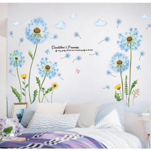 [SHIJUEHEZI] Blue Color Dandelions Wall Stickers DIY Flowers Wall Decals for Living Room Bedroom Kitchen House Decoration