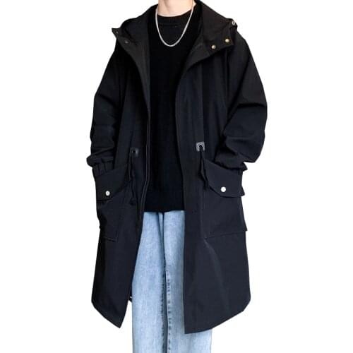 Autumn Men Ribbons Streetwear Punk Hip Hop Long Trench Coat Hooded Black Zipper Outwear
