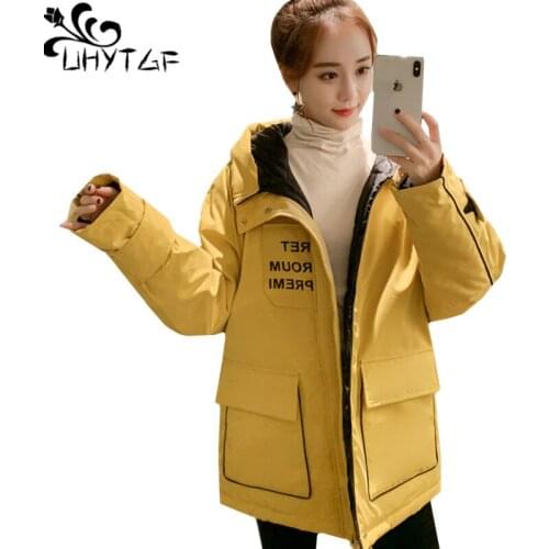 UHYTGF New Parker women Short Cotton coat Hooded windproof winter down jacket warm tops outerwear Plus size parka coat women 288