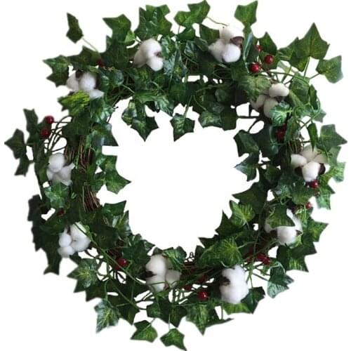 Family Decoration 17 Inch Artificial Silk Morning Glory Leaves Natural Cotton Boll Wreath Front Door Green Wreath Decorations
