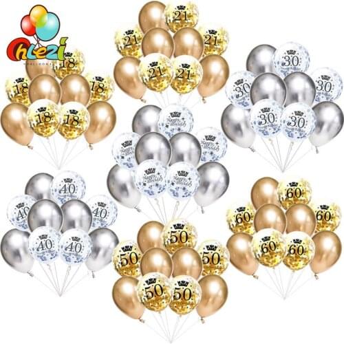 10pcs 12inch Super Chrome Metallic Latex Balloons+Birthday Confetti Ballon 18 30 40 50 60th Anniversary Wedding Party Decoration