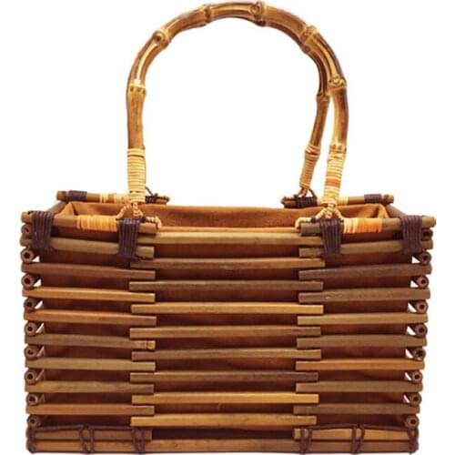 VWomen Vintage Bamboo Bag Drawstring Female Beach Straw Handbag Bohemian Hollow Lady Knit Bags Handmade Rattan Woven Tote SS3054