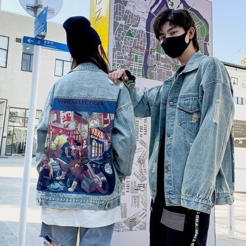 2020 Korean Printing Pattern Denim Jacket Women Spring Loose Long Sleeve Frayed Get Old Couples Wear Blue Cazadora Vaquera Mujer