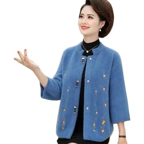 Women Imitate Mink Fleece Jacket 2021 Middle-aged Mother Fall Winter Thick Woolen Overcoat Femme Embroidered Wool Coat 4XLC1107