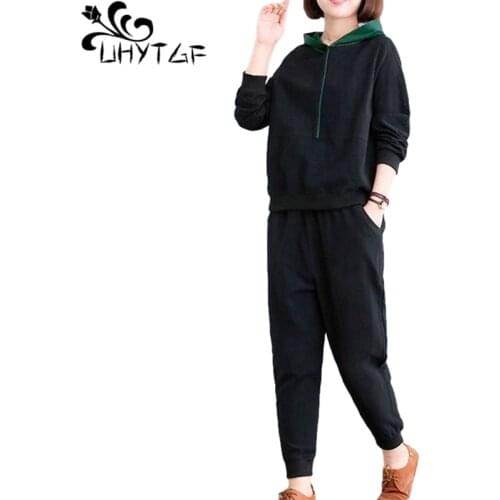 UHYTGF Casual Womens Tracksuit Hooded Pullover Tops+Pants Plus Size Two Piece Set Sweatshirt Spring Autumn Suits Female 4XL1273