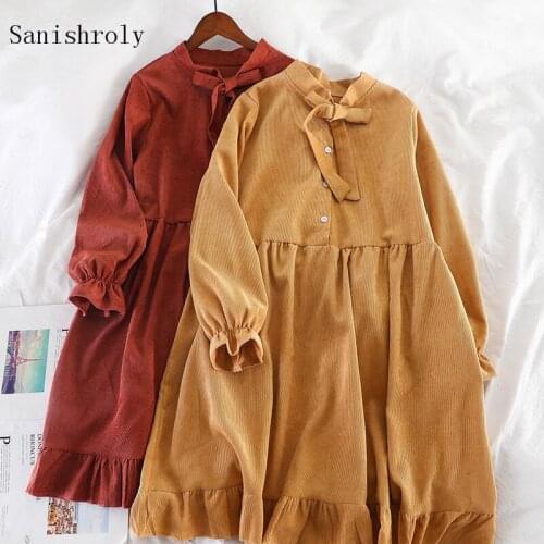 Sanishroly 2020 New Spring Autumn Women Long Sleeve Dress Tie Bow Corduroy Dresses Female Button A-Line Dress Vestidos SE900