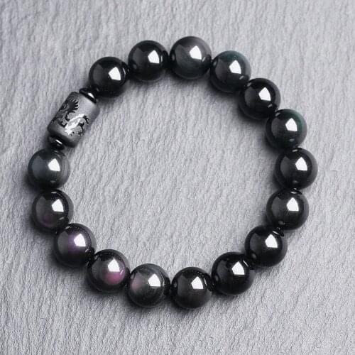 Feng Shui Black Obsidian Bracelets Natural Rainbow Eye Real Stone Beads Dragon Phoenix Men Women Paried Couple Jewelry Good Luck
