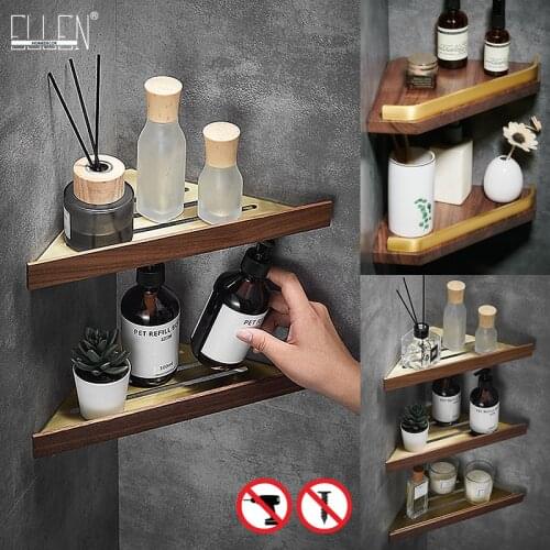 ELLEN Bathroom Corner Shelves Gold Brushed with Walnut Wood Triangle Shower Shampoo Holder Bath Shelf ELB1933