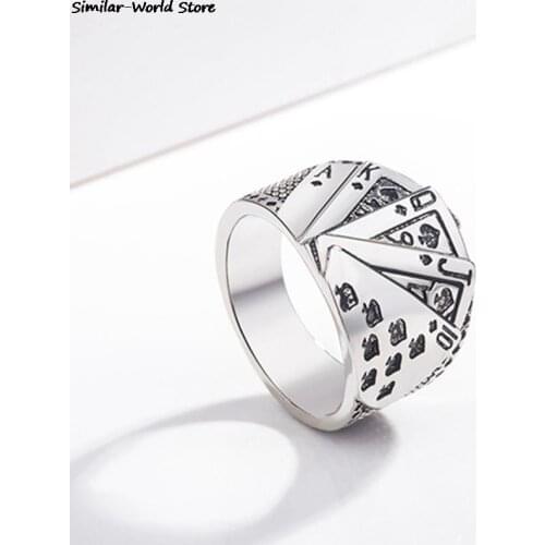 Magician Playing Card Mens Titanium Steel Ring Retro Hip Hop Texas Poker Tonghuashun Casting Ring