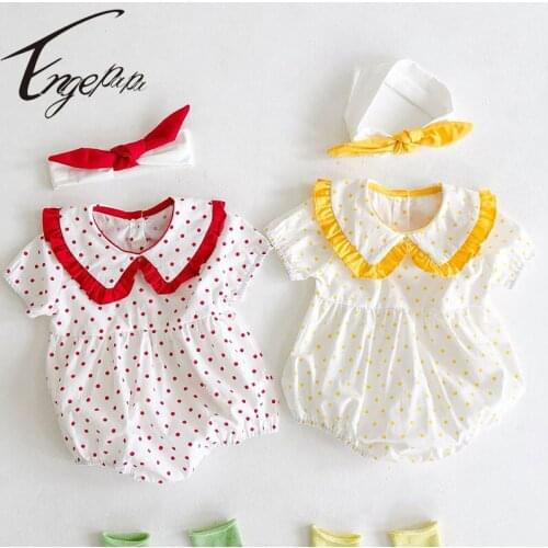 Engepapa Newborn Baby Girls Dot Printing Jumpsuit+Hair Band Korean Style Summer Infant Baby Girls Cotton Short Sleeve Bodysuits