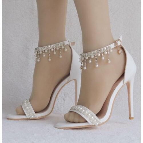 Summer Open toe Tassels wedding shoes Ankle strap Buckle Sandals Pearl Flower party dress shoes white Beads shoes woman