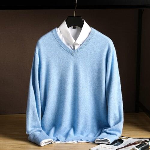 LHZSYY 2020 Autumn Winter Mens V-neck New 100%Pure Wool Sweater Casual Pullover Large size Long-sleeved knit Cashmere Sweater