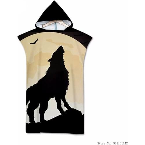 3D Moonnight Wolf Printed Multi-functional Beach Towel Super Fiber Diving Quick Dry Hooded Swimming Beach Surfing Suction Robe