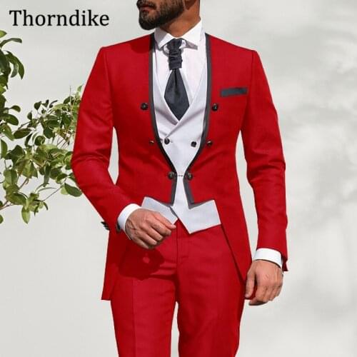 Thorndike Mens Red Wedding Suit 2021,3 Pieces V-Neck Groomsmen Tuxedos,Autumn Casual Custom Made Terno Masculino,Jacket + Pants
