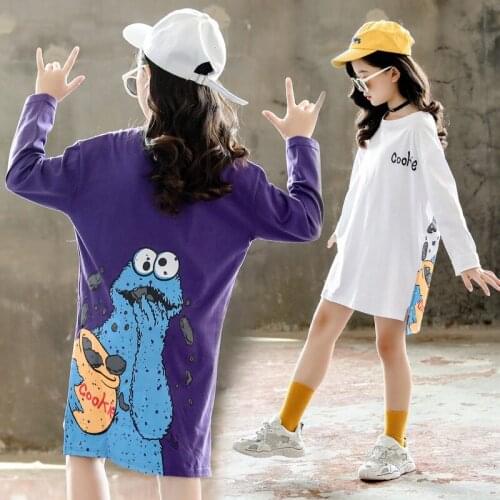 Autumn 2020 Cartoon Girls Sweatshirts Dinosaur Print Long Sleeve T-shirts Casual Loose Fall Clothes for Kids Teen Pullover Tops