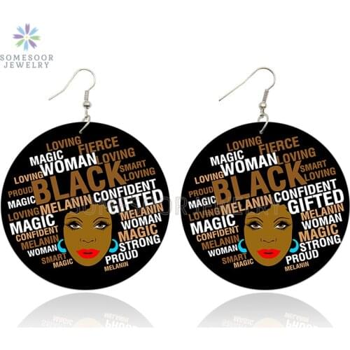 SOMESOOR Black Curvy Afro Wooden Drop Earrings Melanin Poppin Smart Sayings Printed Ear Loops Dangle Jewelry For Women Gifts