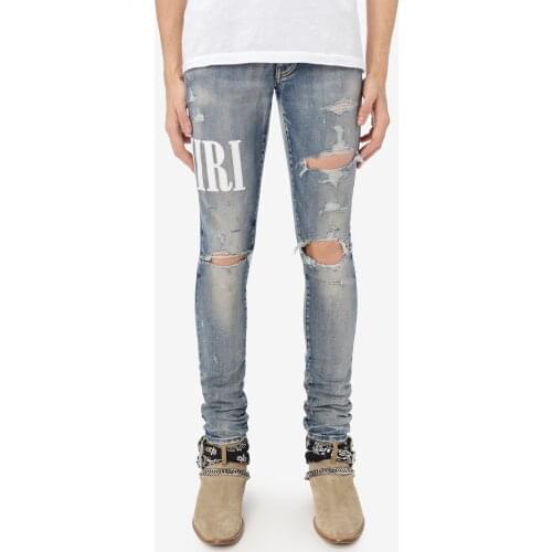 High Quality Jeans Patchwork embroidery letters knife cut wash hole fashion high street jeans man