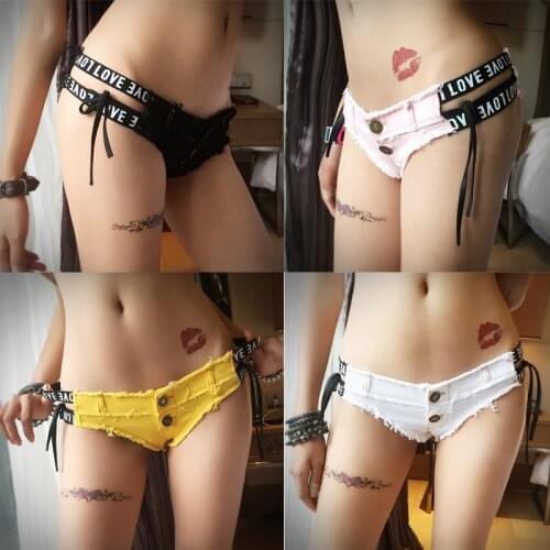 4 Color Womens Beach Wear Sexy Thong Denim Shorts Bar Club Low Waist Bandage Letter Jeans Shorts Pole Dance Shorts