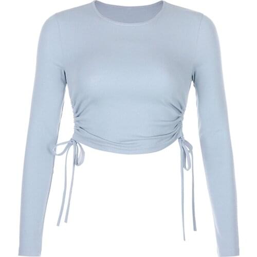 Women Sexy Solid Color Crop Top Streetwear Knitted Side Drawstring Ruched Slim Clubwear Ladies Long Sleeve Casual Tops Roupas