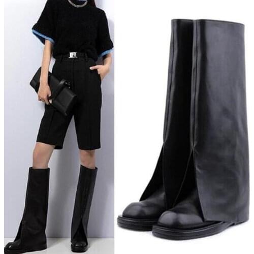 Hot Black White Genuine Leather 4 CM Hidden Heels V Open Knee High Knight Boots Woman Square Toe Slip On Tube Long Pants Boots