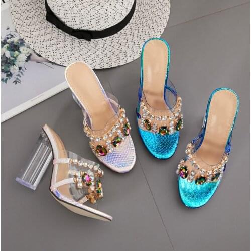 Ladies Slippers Heels Rhinestone Transparent Sandals Women Summer 2021 Wedding Crystal Shoes Mules Chunky Heel Peep-Toe Size 43