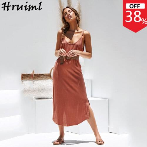 Dress Summer Sexy Beach Solid Woman Dress Elegant Sleeveless Midi Loose Sling V Neck Holidays Casual Hem Split A-line Dresses