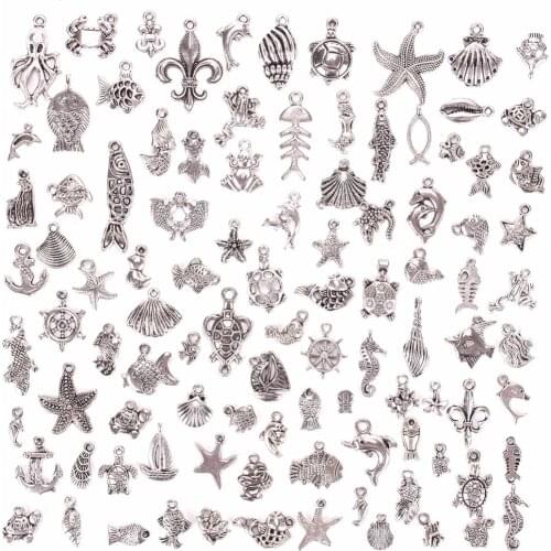 100pcs/set Lots Style Mix Vintage Silver Plated Sea Animals Charm Pendants DIY Jewelry For Necklace Pendant Charms Beads Jewelry