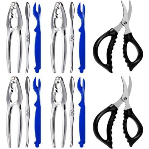 14 Pcs Crab Crackers and Tools Including 4 Crab Crackers, 4 Blue Lobster Forks, 4 Crab Leg Forks and 2 Seafood Scissors