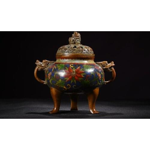 7"Tibet Temple Collection Old Bronze Cloisonne Enamel Elephant Trunk Statue Three-legged incense burner Peaceful Ornaments