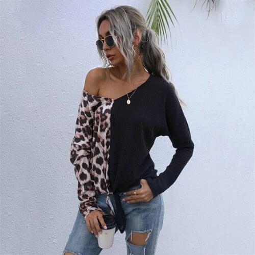 Women Long Sleeves Round Neck Shirts Leopard Print Stitching Contrast Color Pullover Blouse Hem Tie Knot Casual Tops