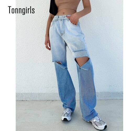Tonngirls Summer High Waist Jeans Casual Loose Ripped Jeans For Women Light Blue Y2k Vintage Denim Jeans Trousers Streetwear