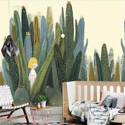 Custom Mural Wallpaper Hand Drawn Style Girl And Cactus Background Wall Painting