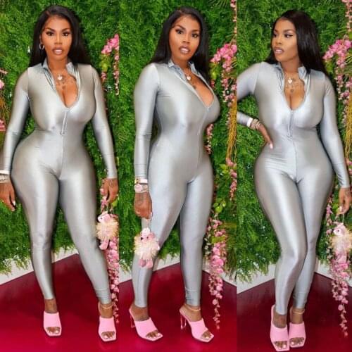 Ins Fashion Collar Tight Sports Jumpsuit Adult Onesies for Women Wholesale Long Sleeve playsuit Bodysuit with Zipper