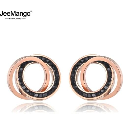 JeeMango Trendy Stainless Steel Clay Crystal Double CirclesStud Earrings Jewelry Rose Gold Vintage Earrings For Girls JE19091
