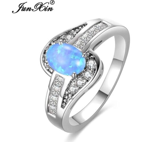 JUNXIN Blue Fire Opal Stone Ring Fashion Simple Oval Finger Ring Vintage Wedding Rings For Men And Women