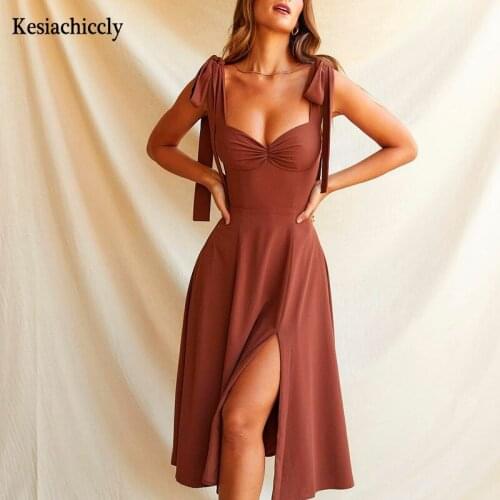 Kesiachiccly Sexy Spaghetti Strap Split Summer Dress Women A-line Female Midi Dress Casual Office Ladies Party Dresses Vestido