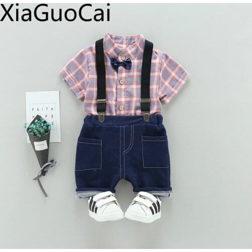 Summer Casual Childrens Sets Short-sleeved Boys Suits Stand Collar Plaid Short-sleeved Strap Denim Shorts Two Pieces of Clothes