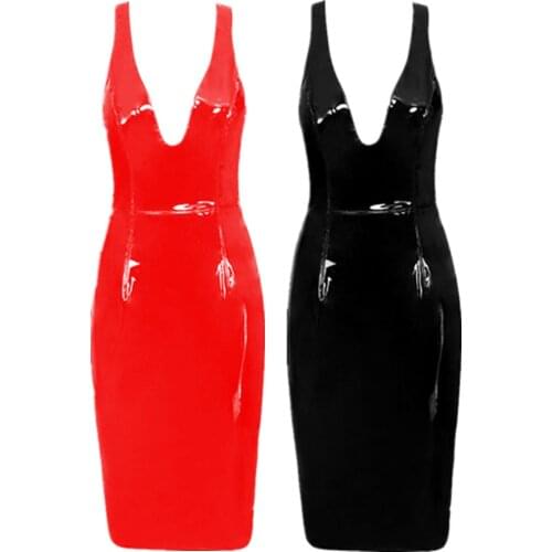 Back Zipper PVC Sequined Leather Dress V Neck Sleeveless Sexy Dress Women Party Night Club Wear Slim Fit Bodycon Dresses