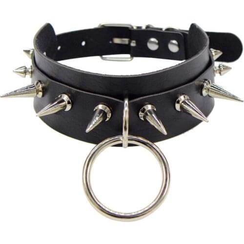 Black Leather O-Round Punk Gothic Necklaces Women Men Leather Spike Rivet Stud Collar Choker Necklace Statement Jewelry harajuku