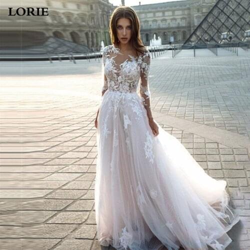 LORIE A-line Beach Wedding Dress Long Sleeve Sweep Train Boho Bridal Dresses Eleagant Vintage Lace Princess Bridal Gowns
