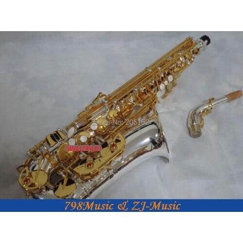 Professional Silver Plated Body and Gold Keys Eb Alto Saxophone Saxofon sax High F# With Case