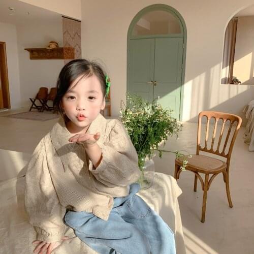 Childrens 2021 spring new shirt girls' Korean pointed collar Bubble Sleeve Plaid top fall clothes for kids