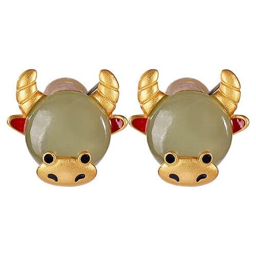 S925 sterling silver gold-plated natural Hetian Jade Gray Jade stud earrings cute cow birth year Chinese zodiac cow