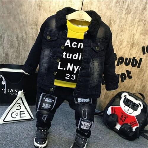 Boys Sets Autumn Winter Plus Velvet Thickening Kids Tracksuit Sweatshirt Thick Denim Jacket Casual Jeans Toddler Boys Clothing