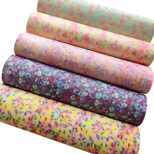 135x30cm Flower Printed Fine Glitter Soft Thin PU Faux Leather Fabric Sheet for Making Earring Bag Decoration Craft Bow