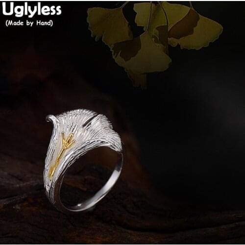 Uglyless Real S999 Fine Silver Jewelry Handmade Ginkgo Biloba Leaves Finger Rings for Women Ethnic Ring Retro Exaggerated Bijoux