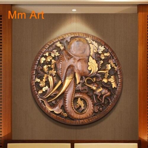 Southeast Asian Solid Wood Carving Decorative Elephant Carving Plate Thai Hollow Carving