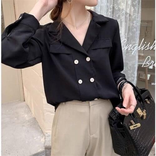 Womens elegant shirts autumn long sleeved double breasted sexy v-neck Korean style solid shirts tops for office ladies