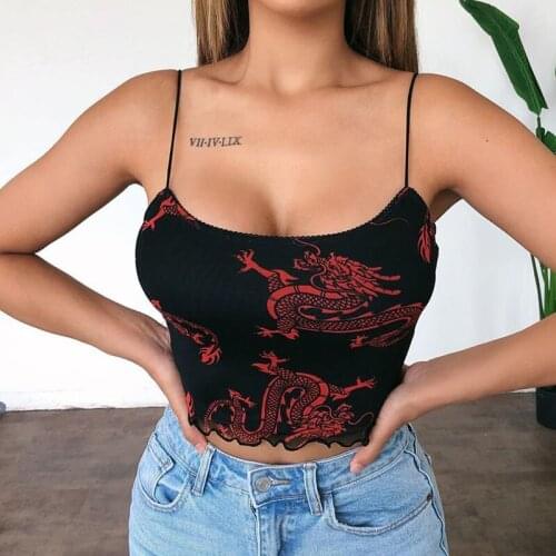 Women Summer Streetwear Clothes Sexy Dragon Print Mesh Crop Top Black Backless Sleeveless Cami Spaghetti Strap Tops Tees