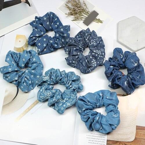 1PC Vintage Scrunchie Stretch Headband Dot Blue Scrunchies Women Elastic Hair Bands Girls Hair Ties Striped Hair Accessories